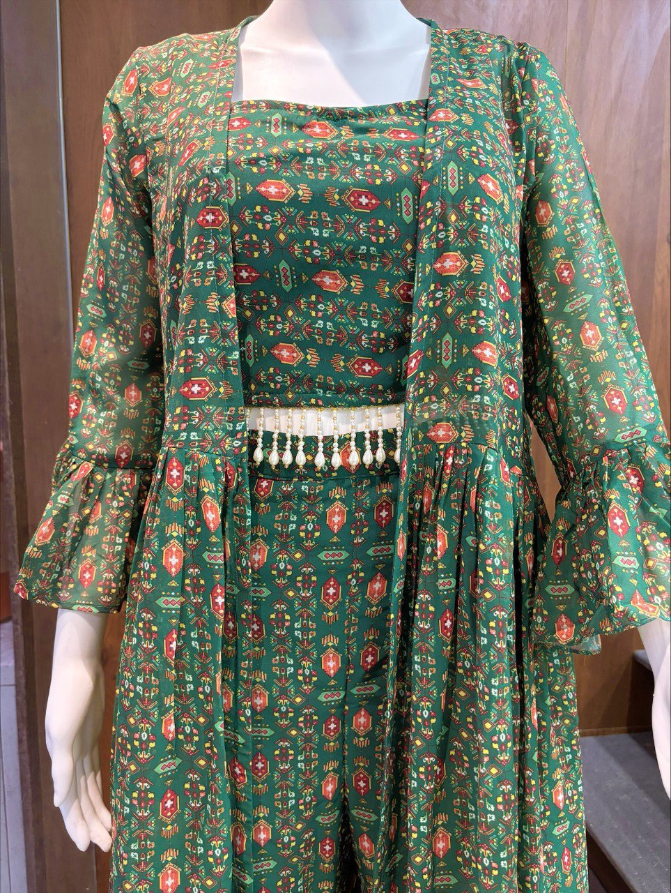 Green Elegant Georgette Digital Print Blouse, Shrug & Sharara Set with Pearl Lace Detailing ClothsVilla