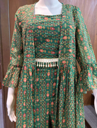Green Elegant Georgette Digital Print Blouse, Shrug & Sharara Set with Pearl Lace Detailing ClothsVilla