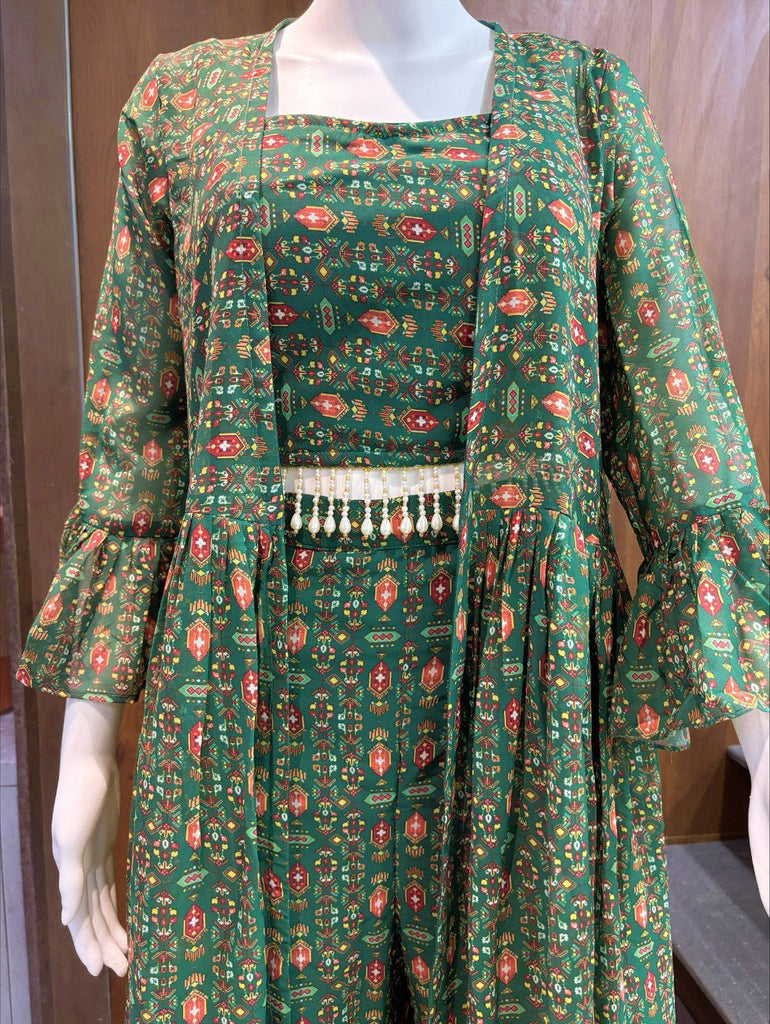 Green Elegant Georgette Digital Print Blouse, Shrug & Sharara Set with Pearl Lace Detailing ClothsVilla