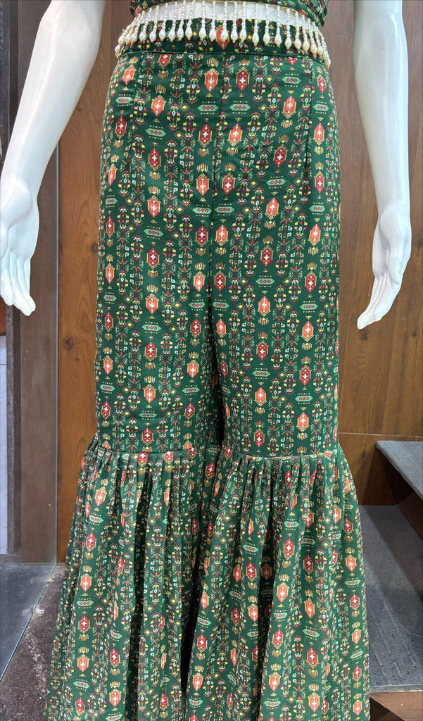 Green Elegant Georgette Digital Print Blouse, Shrug & Sharara Set with Pearl Lace Detailing ClothsVilla