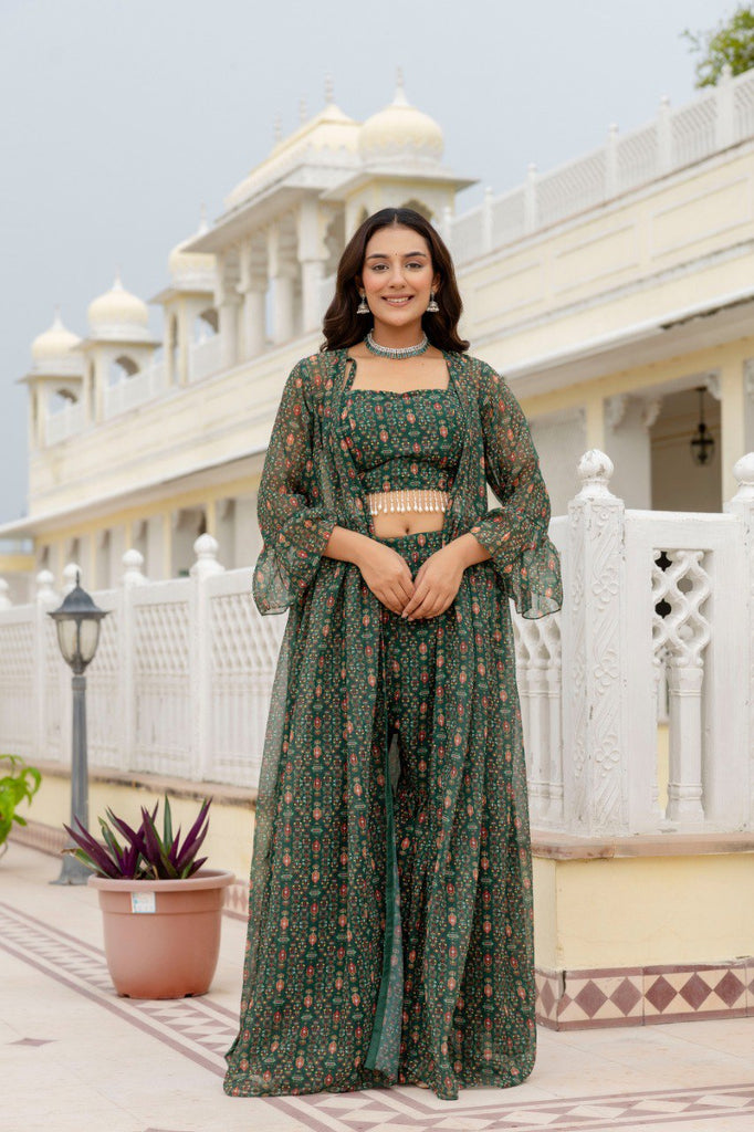 Green Elegant Georgette Digital Print Blouse, Shrug & Sharara Set with Pearl Lace Detailing ClothsVilla