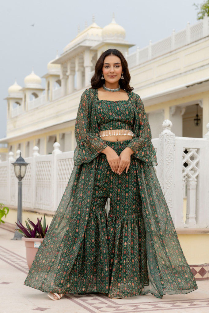 Green Elegant Georgette Digital Print Blouse, Shrug & Sharara Set with Pearl Lace Detailing ClothsVilla