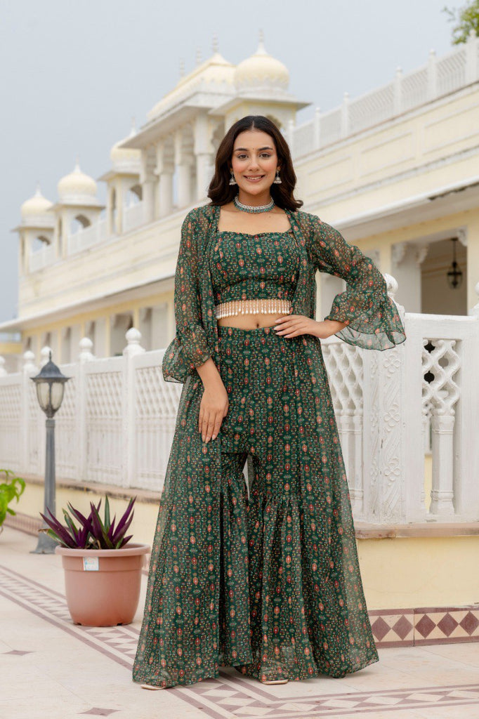 Green Elegant Georgette Digital Print Blouse, Shrug & Sharara Set with Pearl Lace Detailing ClothsVilla