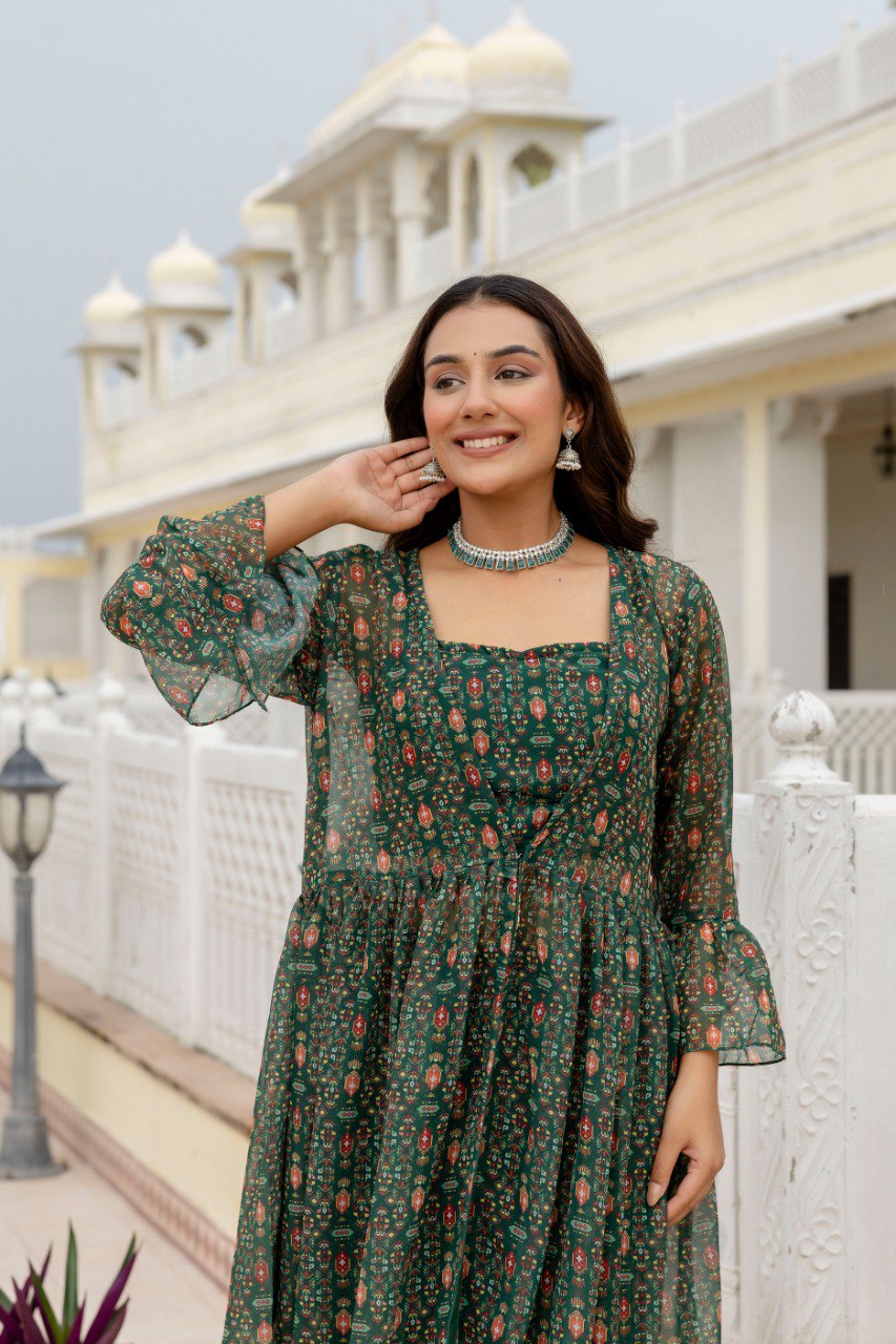 Green Elegant Georgette Digital Print Blouse, Shrug & Sharara Set with Pearl Lace Detailing ClothsVilla