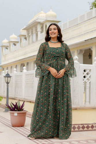 Green Elegant Georgette Digital Print Blouse, Shrug & Sharara Set with Pearl Lace Detailing ClothsVilla