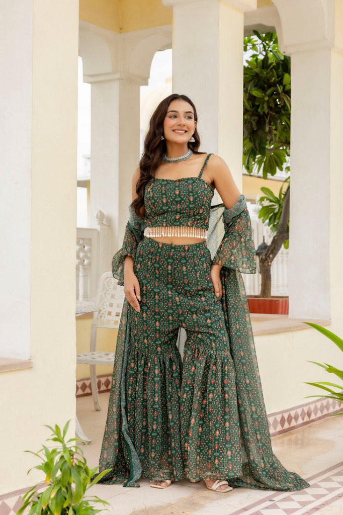 Green Elegant Georgette Digital Print Blouse, Shrug & Sharara Set with Pearl Lace Detailing ClothsVilla