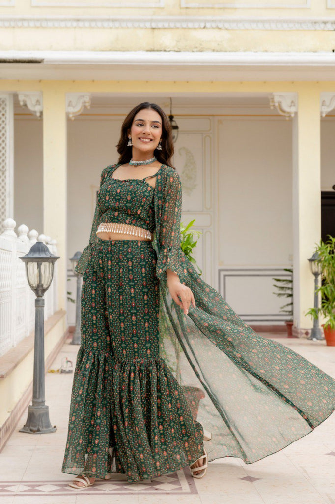 Green Elegant Georgette Digital Print Blouse, Shrug & Sharara Set with Pearl Lace Detailing ClothsVilla