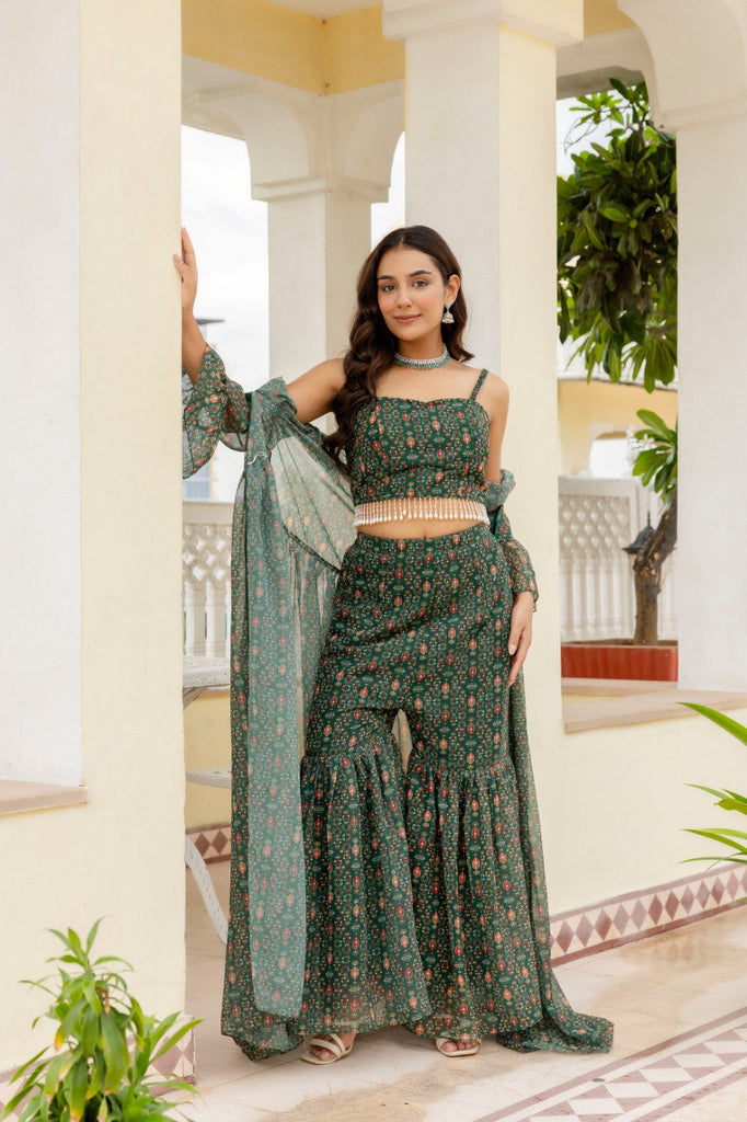 Green Elegant Georgette Digital Print Blouse, Shrug & Sharara Set with Pearl Lace Detailing ClothsVilla