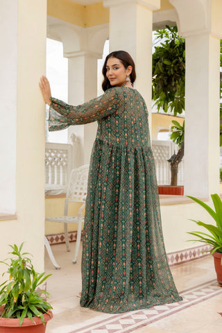 Green Elegant Georgette Digital Print Blouse, Shrug & Sharara Set with Pearl Lace Detailing ClothsVilla