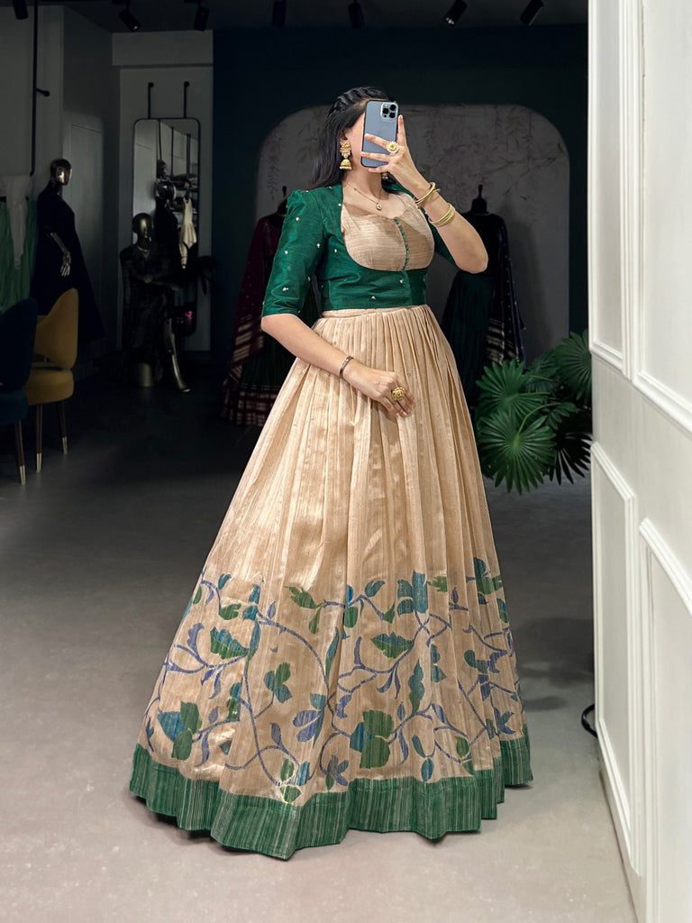 Green Elegant Green Silk Printed Gown with Embroidered Banglory Koti ClothsVilla