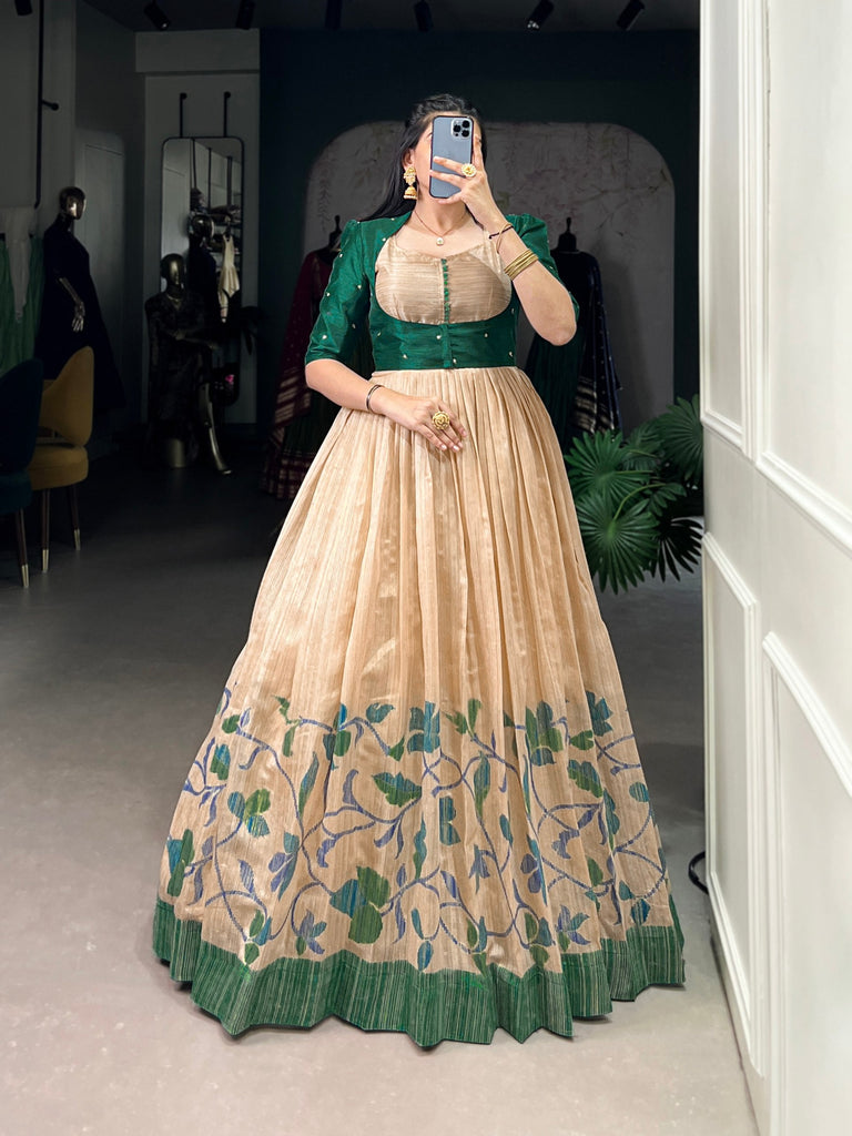 Green Elegant Green Silk Printed Gown with Embroidered Banglory Koti ClothsVilla