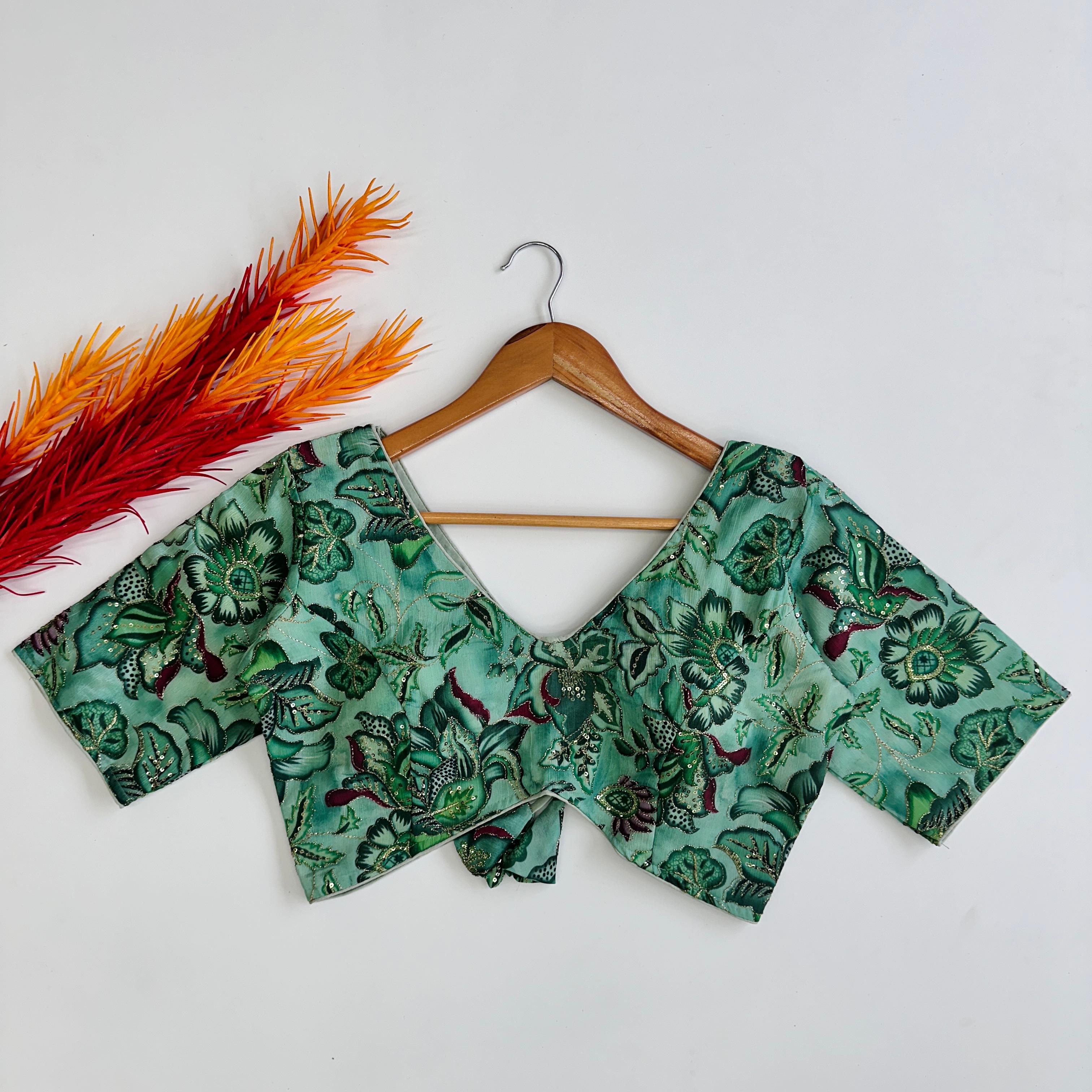 Green Elegant Hand-Embroidered Tofu Silk Blouse with Sequins ClothsVilla Main image