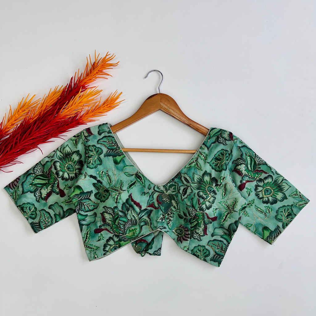 Green Elegant Hand-Embroidered Tofu Silk Blouse with Sequins ClothsVilla