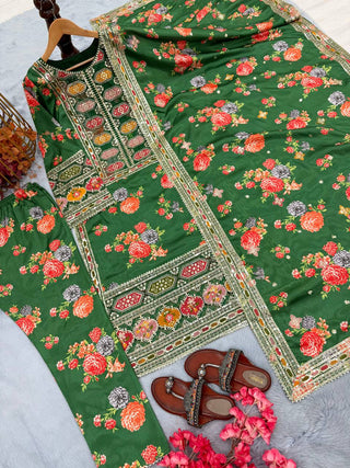 Green Elegant Heavy Chinon Silk Digital Print Suit Set ClothsVilla