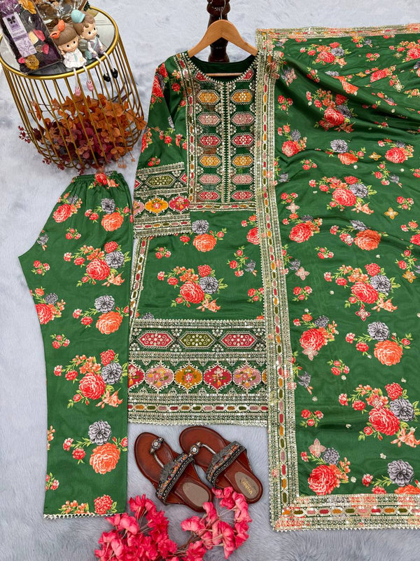 Green Elegant Heavy Chinon Silk Digital Print Suit Set ClothsVilla