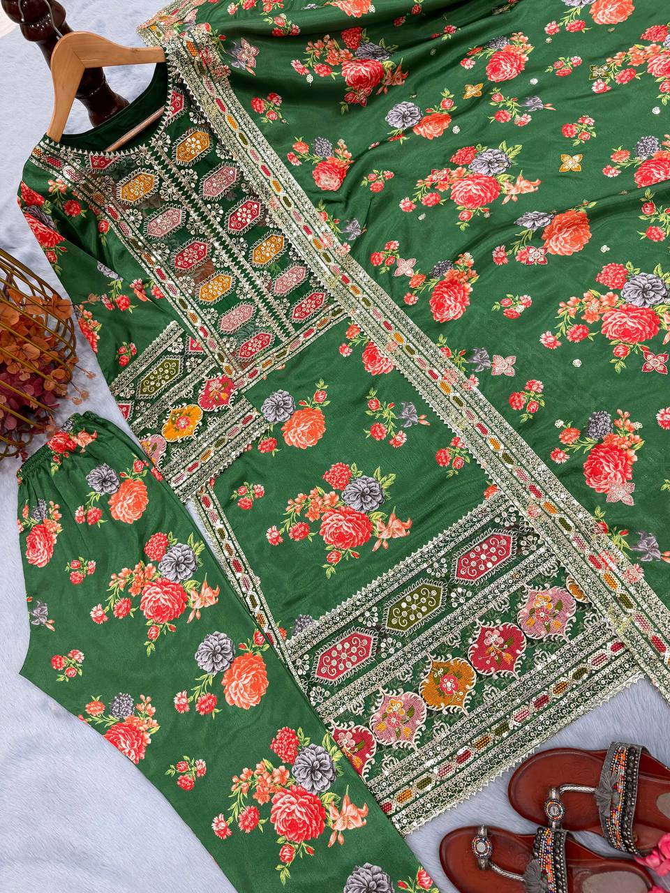 Green Elegant Heavy Chinon Silk Digital Print Suit Set ClothsVilla