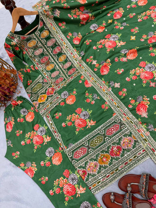 Green Elegant Heavy Chinon Silk Digital Print Suit Set ClothsVilla