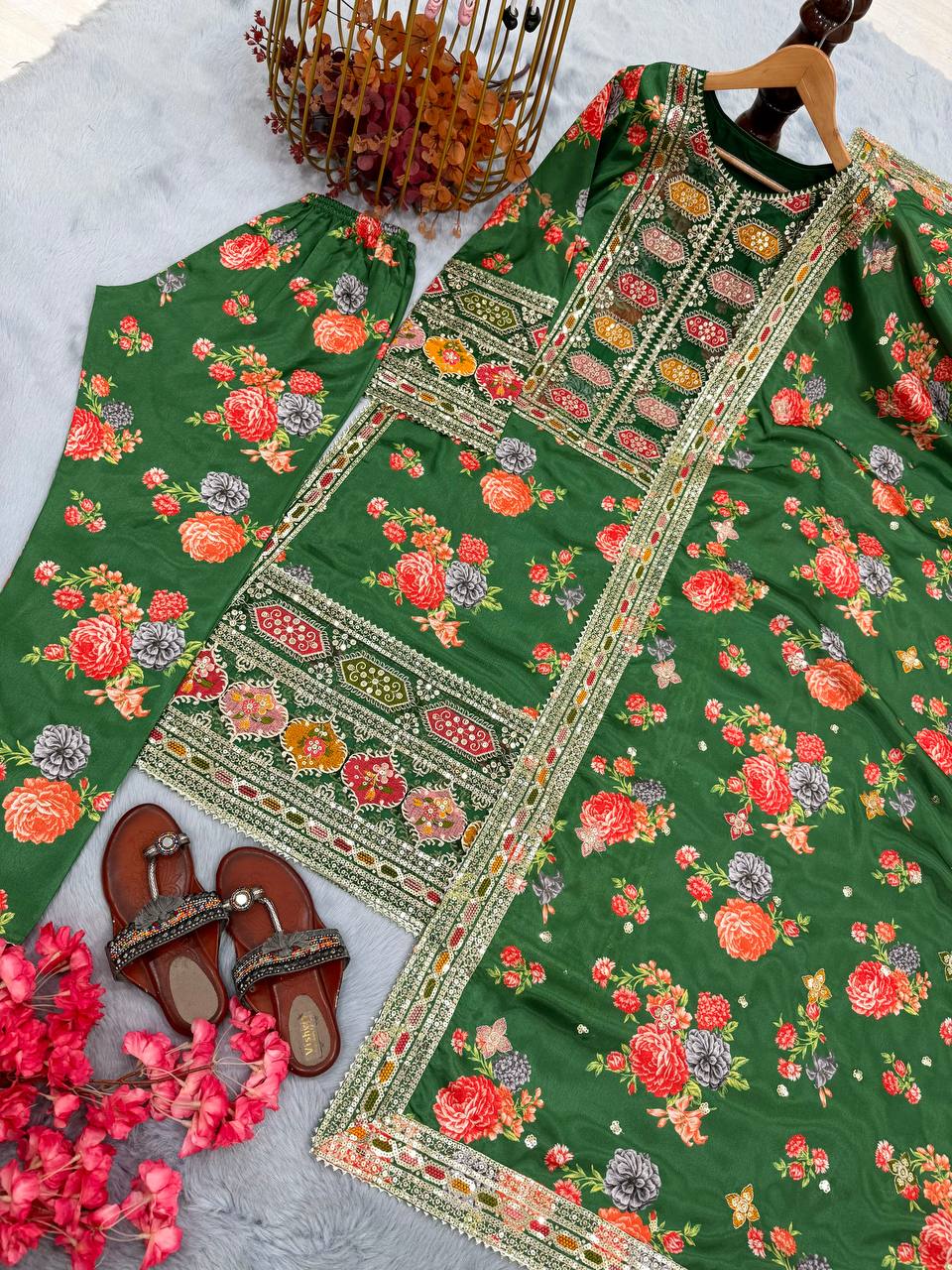 Green Elegant Heavy Chinon Silk Digital Print Suit Set ClothsVilla