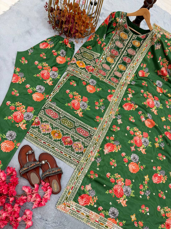 Green Elegant Heavy Chinon Silk Digital Print Suit Set ClothsVilla