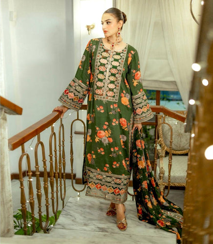 Green Elegant Heavy Chinon Silk Digital Print Suit Set ClothsVilla