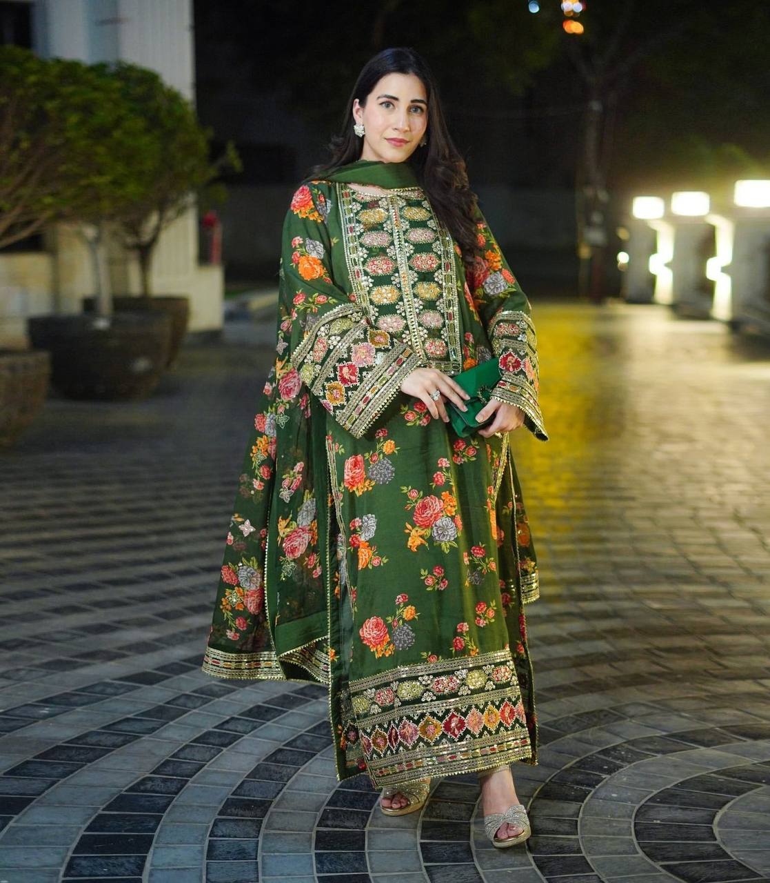 Green Elegant Heavy Chinon Silk Digital Print Suit Set ClothsVilla Main image