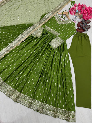Green Elegant Heavy Chinon Silk Embroidered Gown Set with Tassel Sleeves, Bottom & Butterfly Net Dupatta ClothsVilla