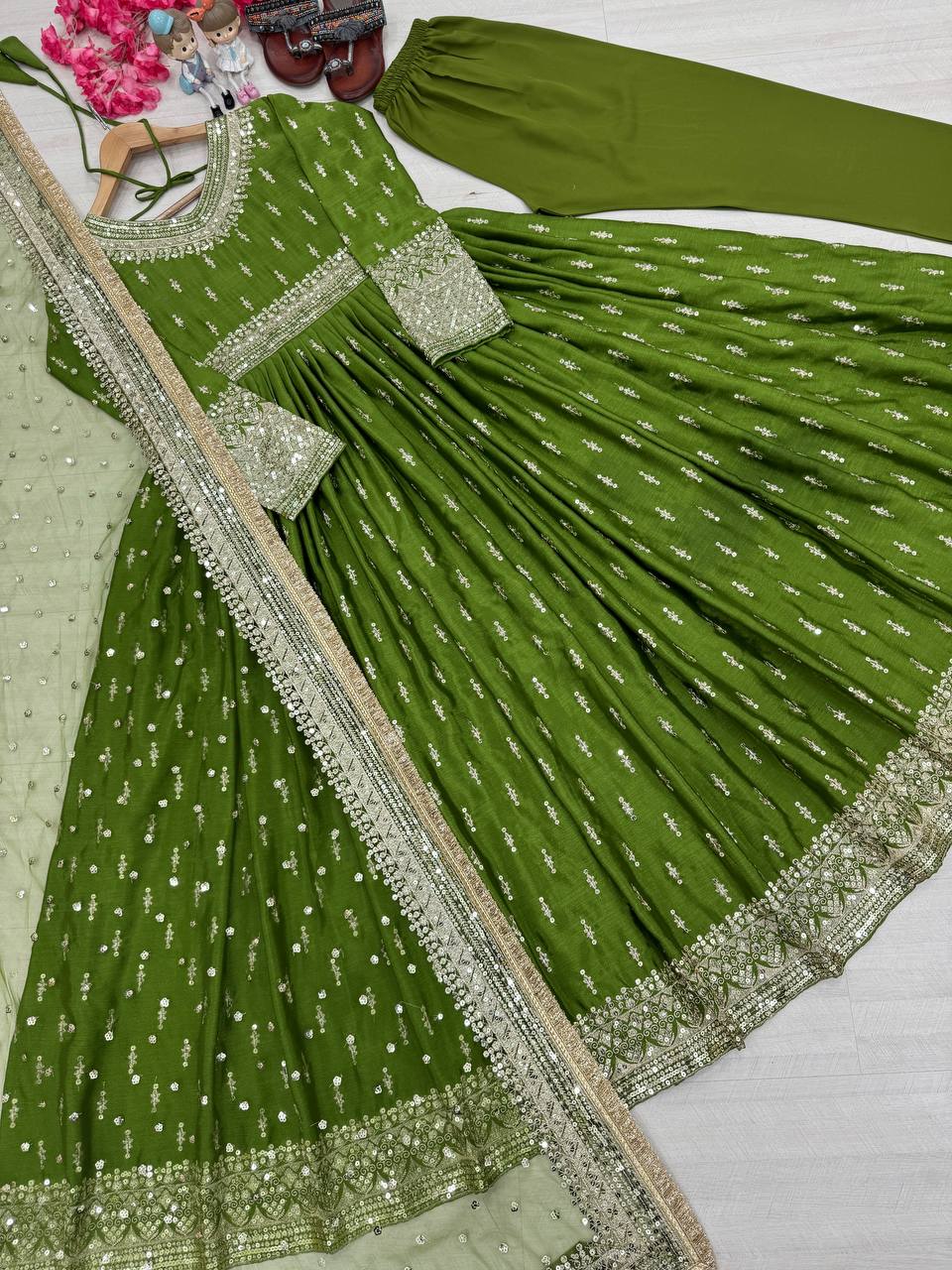 Green Elegant Heavy Chinon Silk Embroidered Gown Set with Tassel Sleeves, Bottom & Butterfly Net Dupatta Secondary image