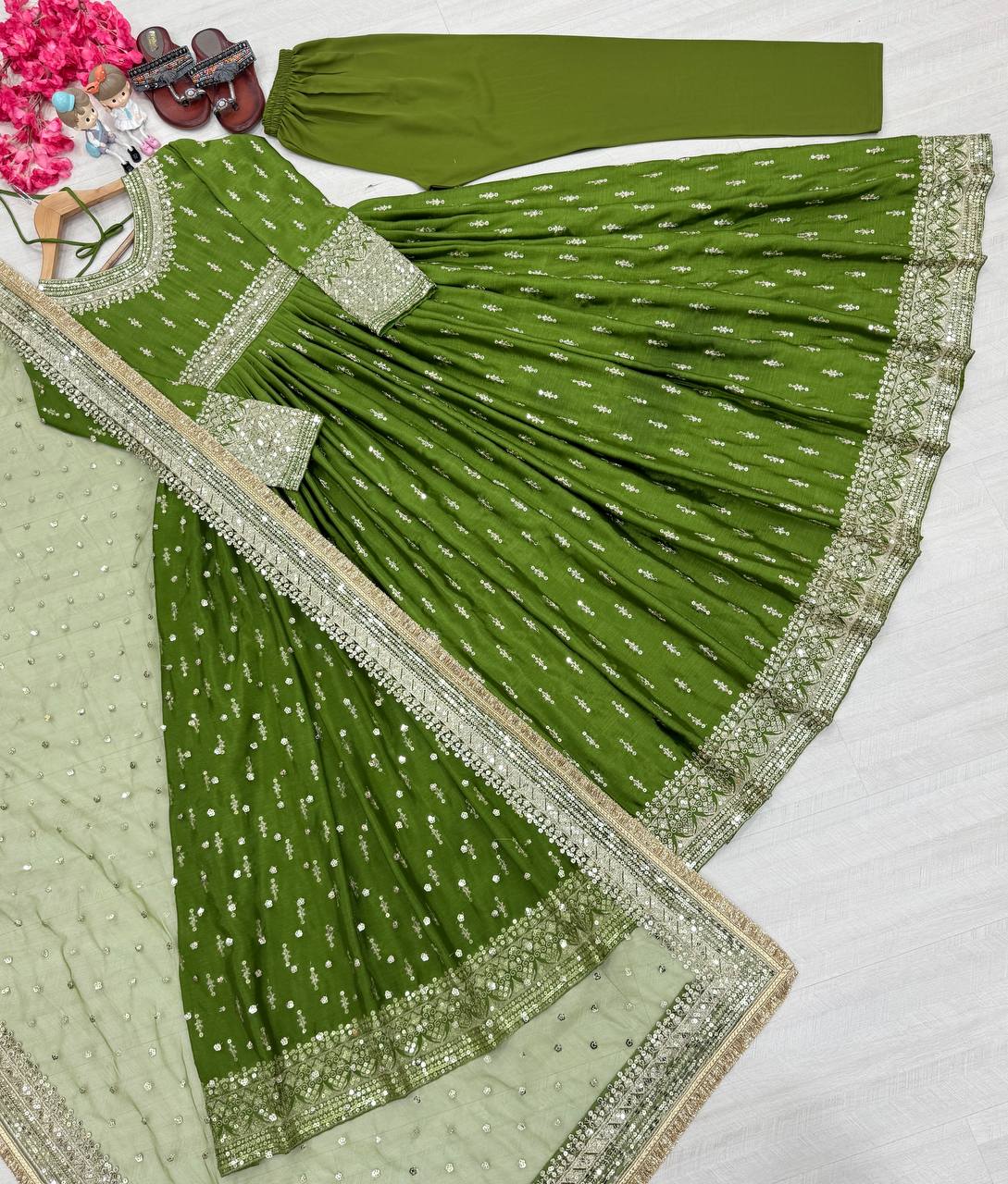 Green Elegant Heavy Chinon Silk Embroidered Gown Set with Tassel Sleeves, Bottom & Butterfly Net Dupatta ClothsVilla