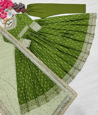 Green Elegant Heavy Chinon Silk Embroidered Gown Set with Tassel Sleeves, Bottom & Butterfly Net Dupatta ClothsVilla