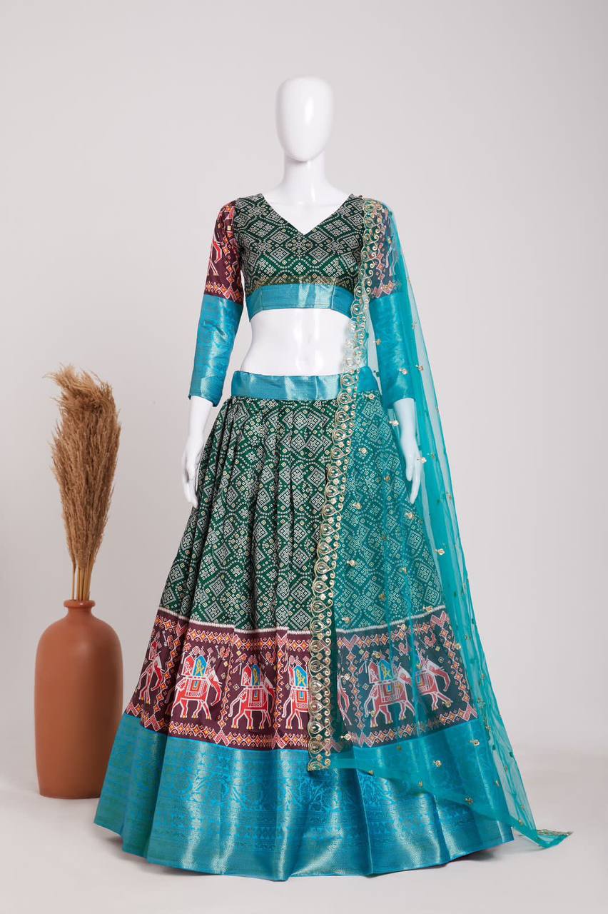 Green Elegant Heavy Dola Jacquard Silk Lehenga Set with Embroidered Net Dupatta ClothsVilla