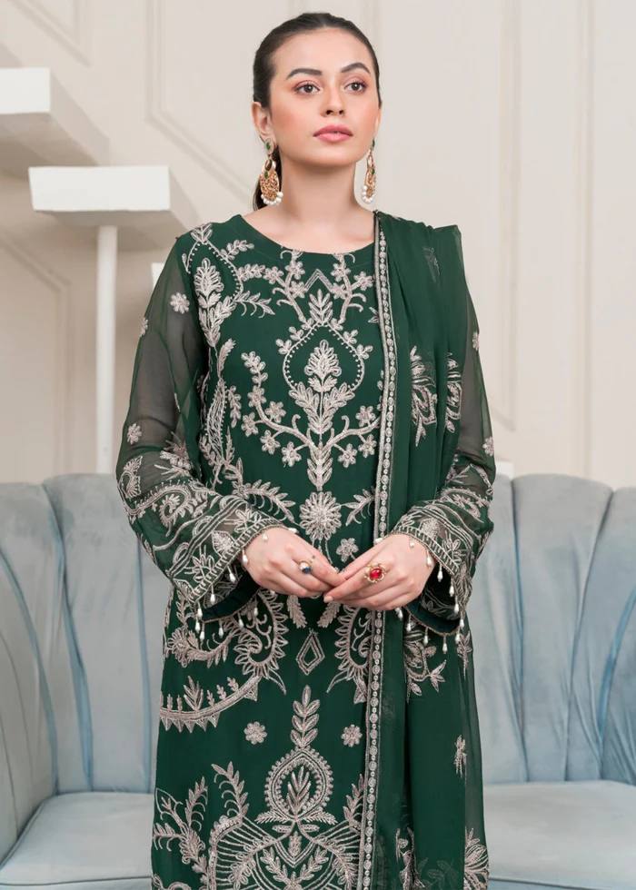 Green Elegant Heavy Faux Georgette Embroidered Suit Set ClothsVilla