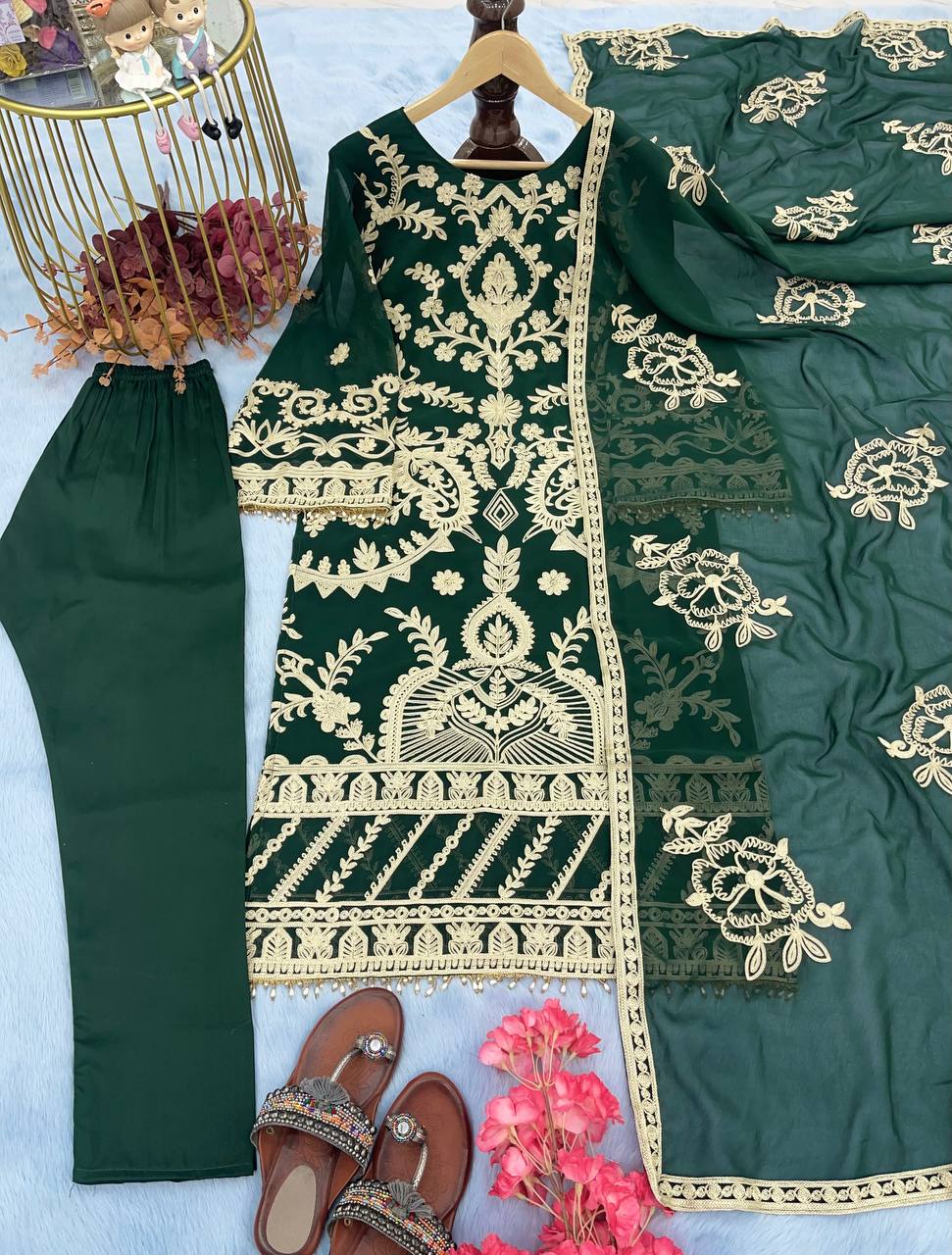 Green Elegant Heavy Faux Georgette Embroidered Suit Set ClothsVilla
