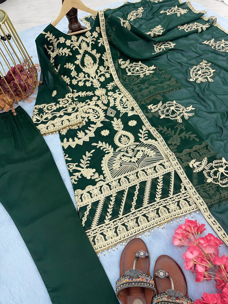 Green Elegant Heavy Faux Georgette Embroidered Suit Set ClothsVilla