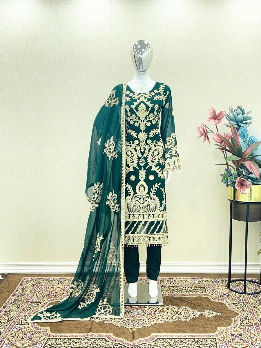 Green Elegant Heavy Faux Georgette Embroidered Suit Set