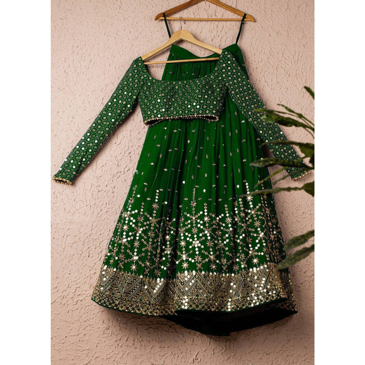 Green Elegant Heavy Georgette Embroidered Lehenga Set with Sequins & Moti Border Dupatta ClothsVilla Main image