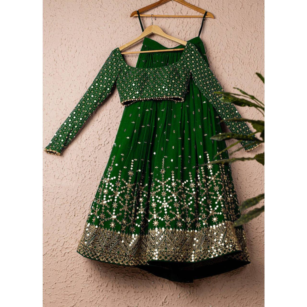 Green Elegant Heavy Georgette Embroidered Lehenga Set with Sequins & Moti Border Dupatta ClothsVilla