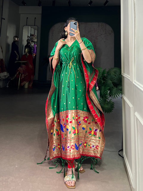 Green Elegant Jacquard Paithani Kaftan with Zari Weaving Work ClothsVilla Main image