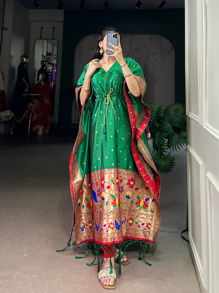 Green Elegant Jacquard Paithani Kaftan with Zari Weaving Work ClothsVilla
