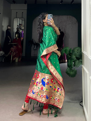 Green Elegant Jacquard Paithani Kaftan with Zari Weaving Work ClothsVilla