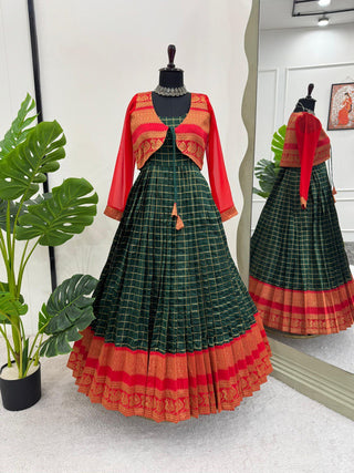 Green Elegant Jequrd Silk Suit with Stylish Koti