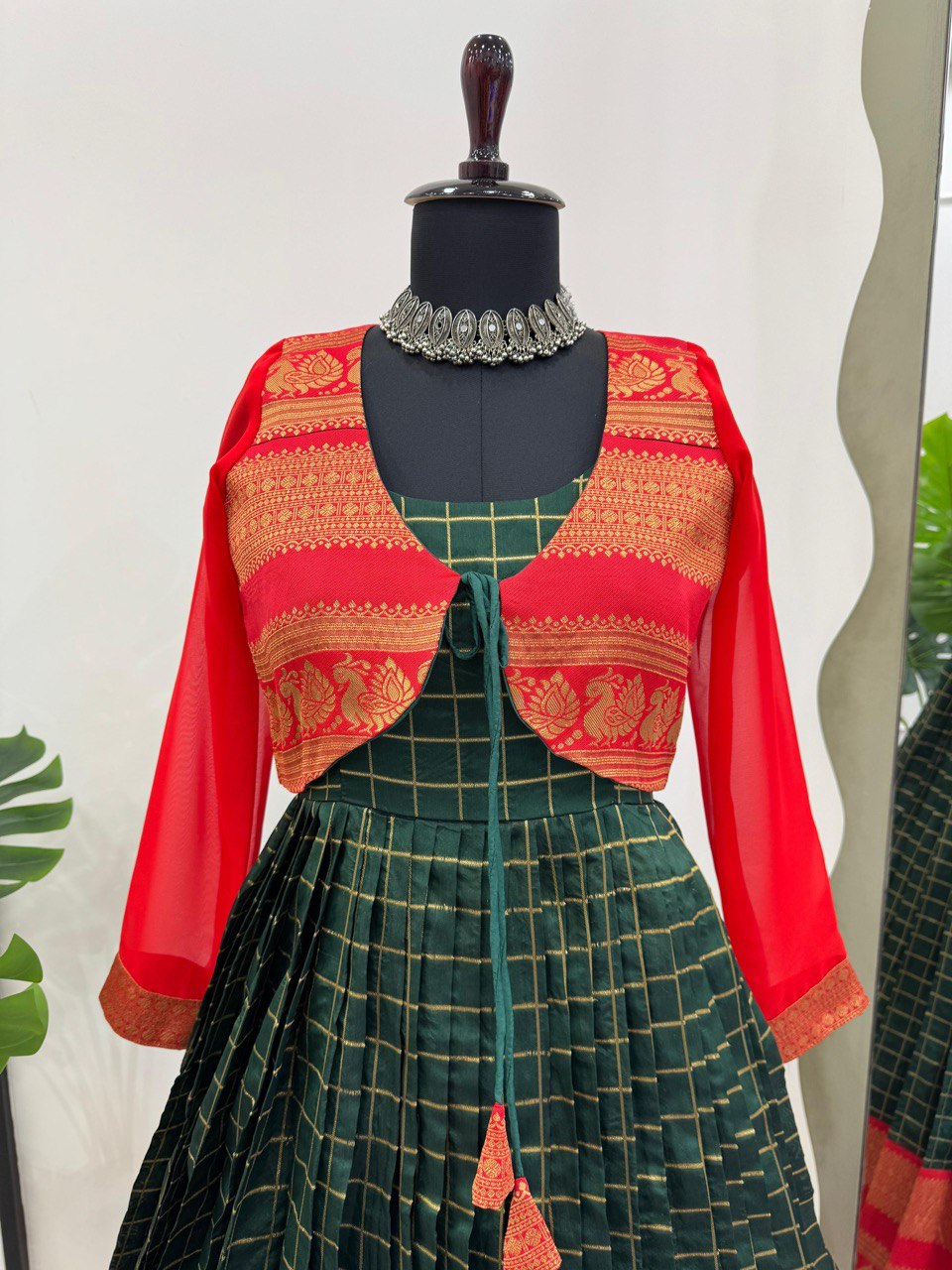 Green Elegant Jequrd Silk Suit with Stylish Koti