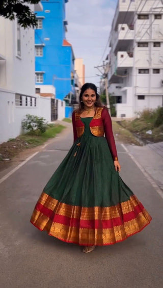 Green Elegant Jequrd Silk Suit with Stylish Koti