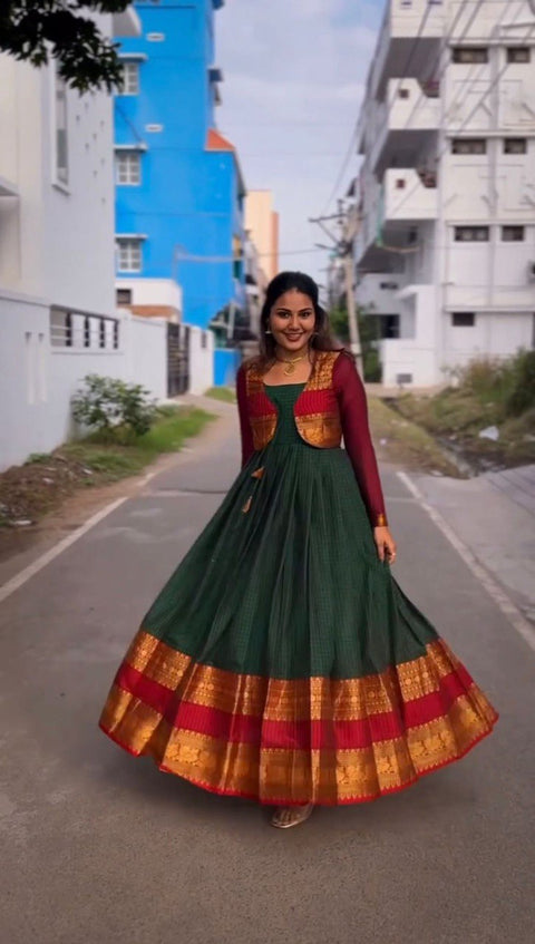 Green Elegant Jequrd Silk Suit with Stylish Koti Main image
