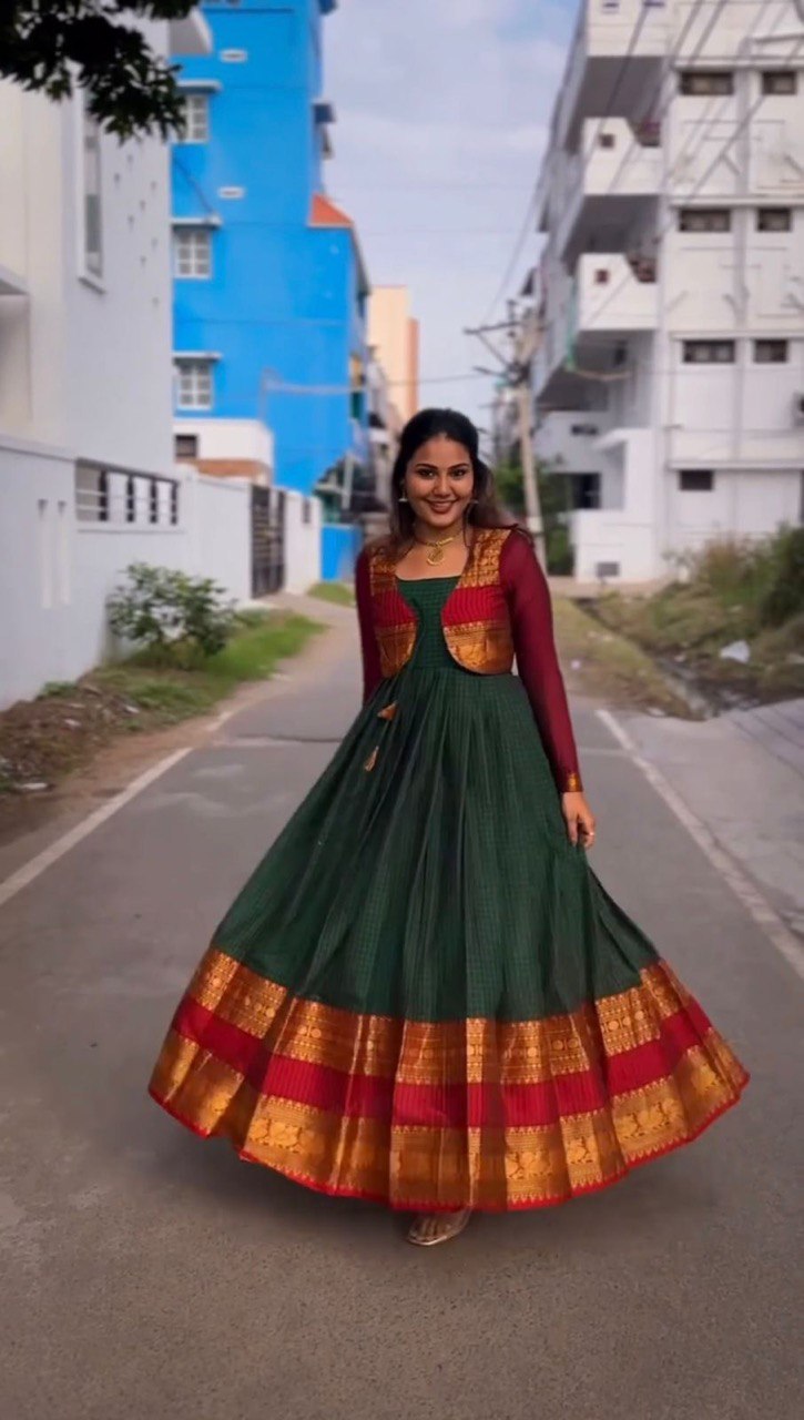 Green Elegant Jequrd Silk Suit with Stylish Koti Main image