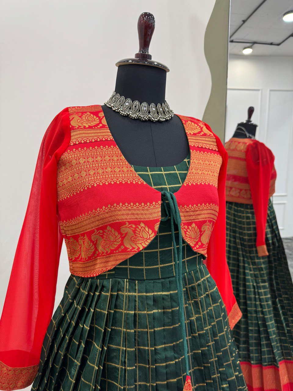 Green Elegant Jequrd Silk Suit with Stylish Koti