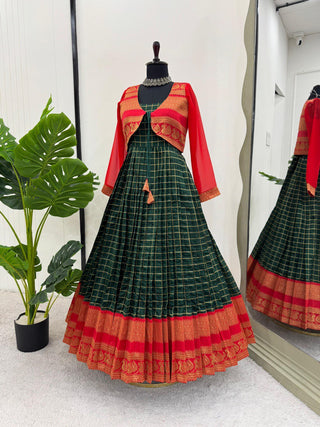 Green Elegant Jequrd Silk Suit with Stylish Koti