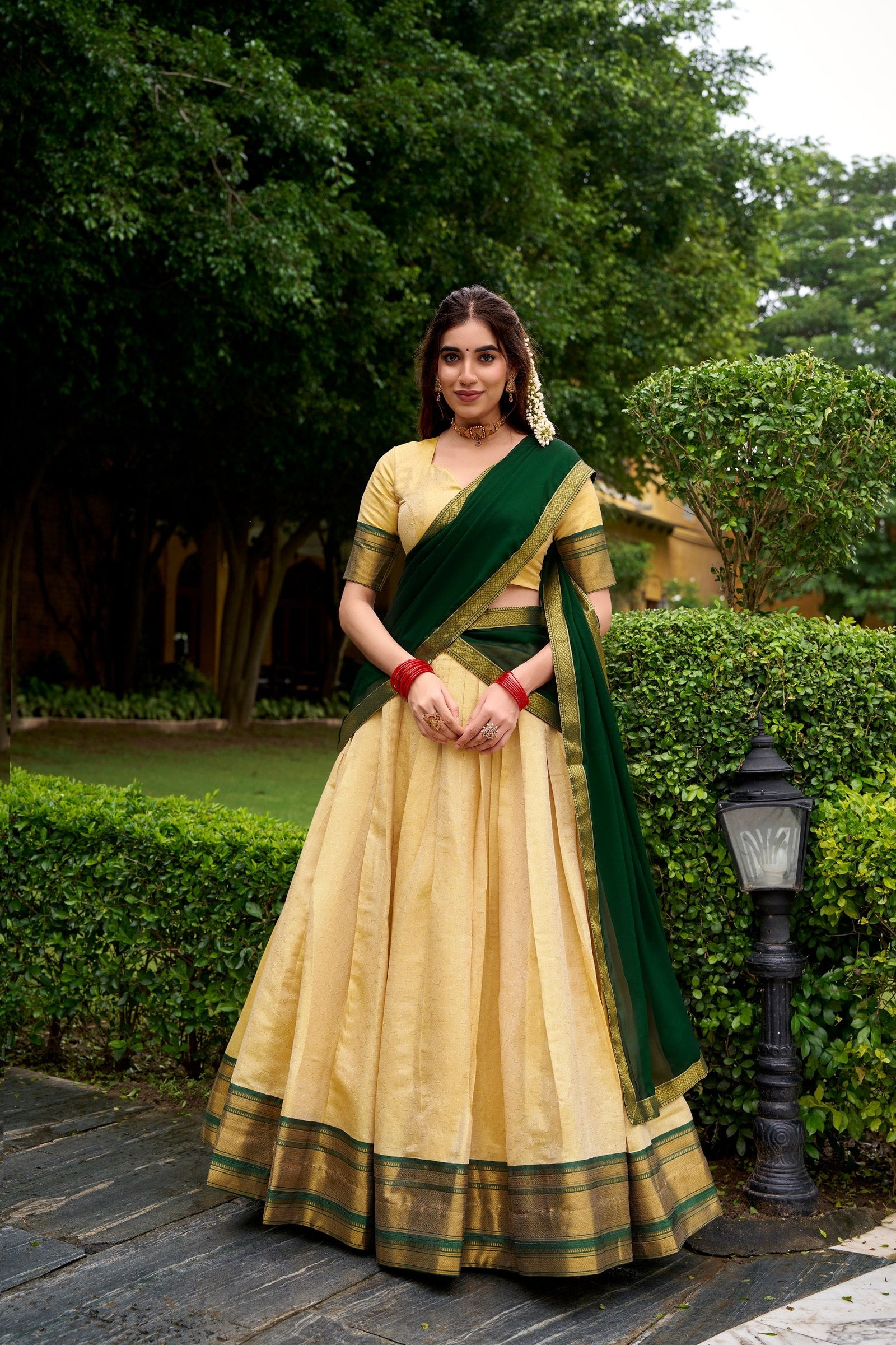 Green Elegant Kanchipuram Lehenga with Zari Weaving Work – Full-Stitched Lehenga & Blouse with Georgette Zari Dupatta ClothsVilla