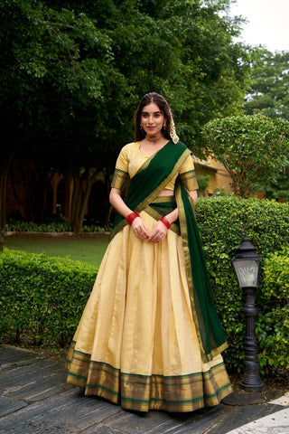 Green Elegant Kanchipuram Lehenga with Zari Weaving Work – Full-Stitched Lehenga & Blouse with Georgette Zari Dupatta ClothsVilla