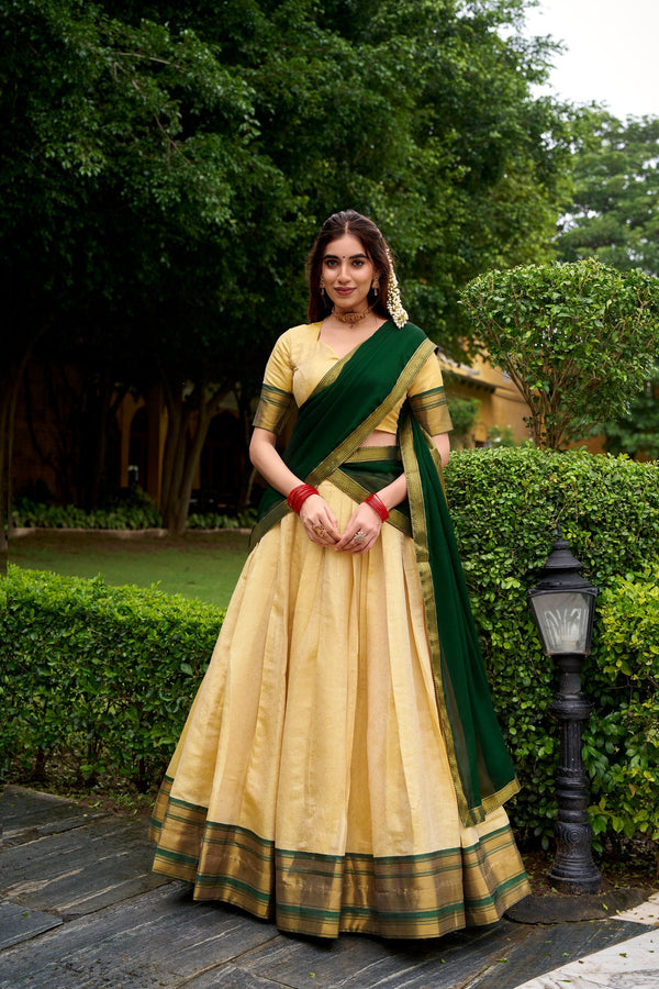 Green Elegant Kanchipuram Lehenga with Zari Weaving Work – Full-Stitched Lehenga & Blouse with Georgette Zari Dupatta ClothsVilla