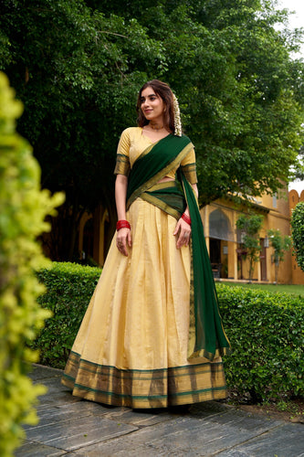Green Elegant Kanchipuram Lehenga with Zari Weaving Work – Full-Stitched Lehenga & Blouse with Georgette Zari Dupatta ClothsVilla